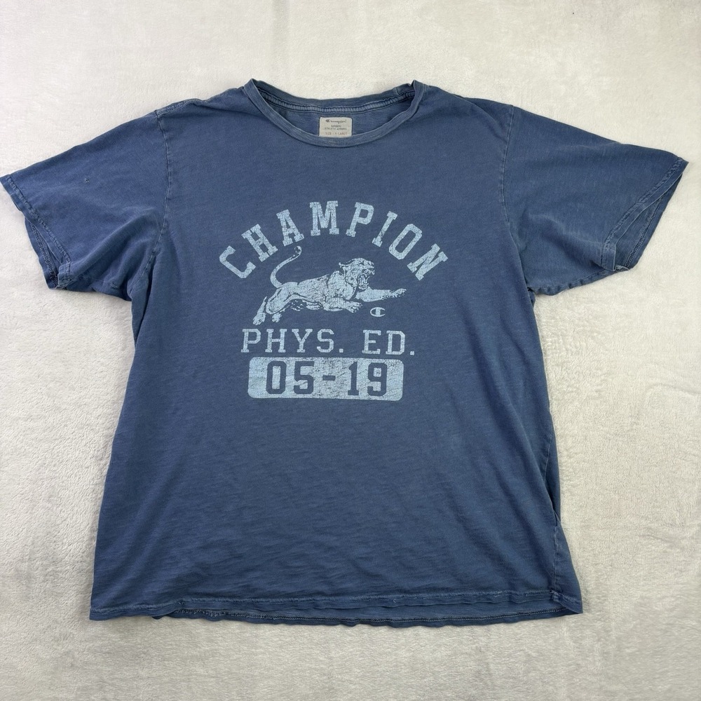 Champion Physical Education Blue Short Sleeve Graphic Activewear Shirt Men's XL